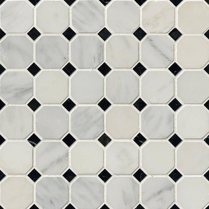 Greecian White 2" Octagon With Black 5/8x5/8 Polished In 12x12 Mesh Tile