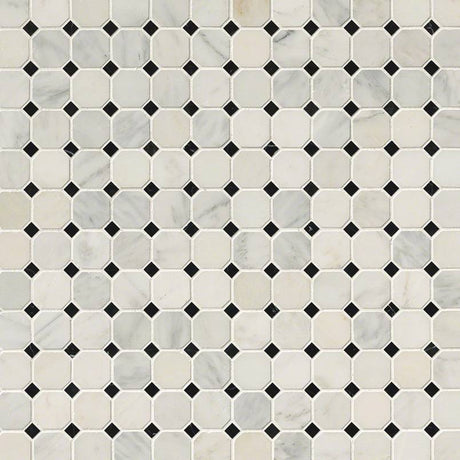 Greecian White 2" Octagon With Black 5/8x5/8 Polished In 12x12 Mesh Tile