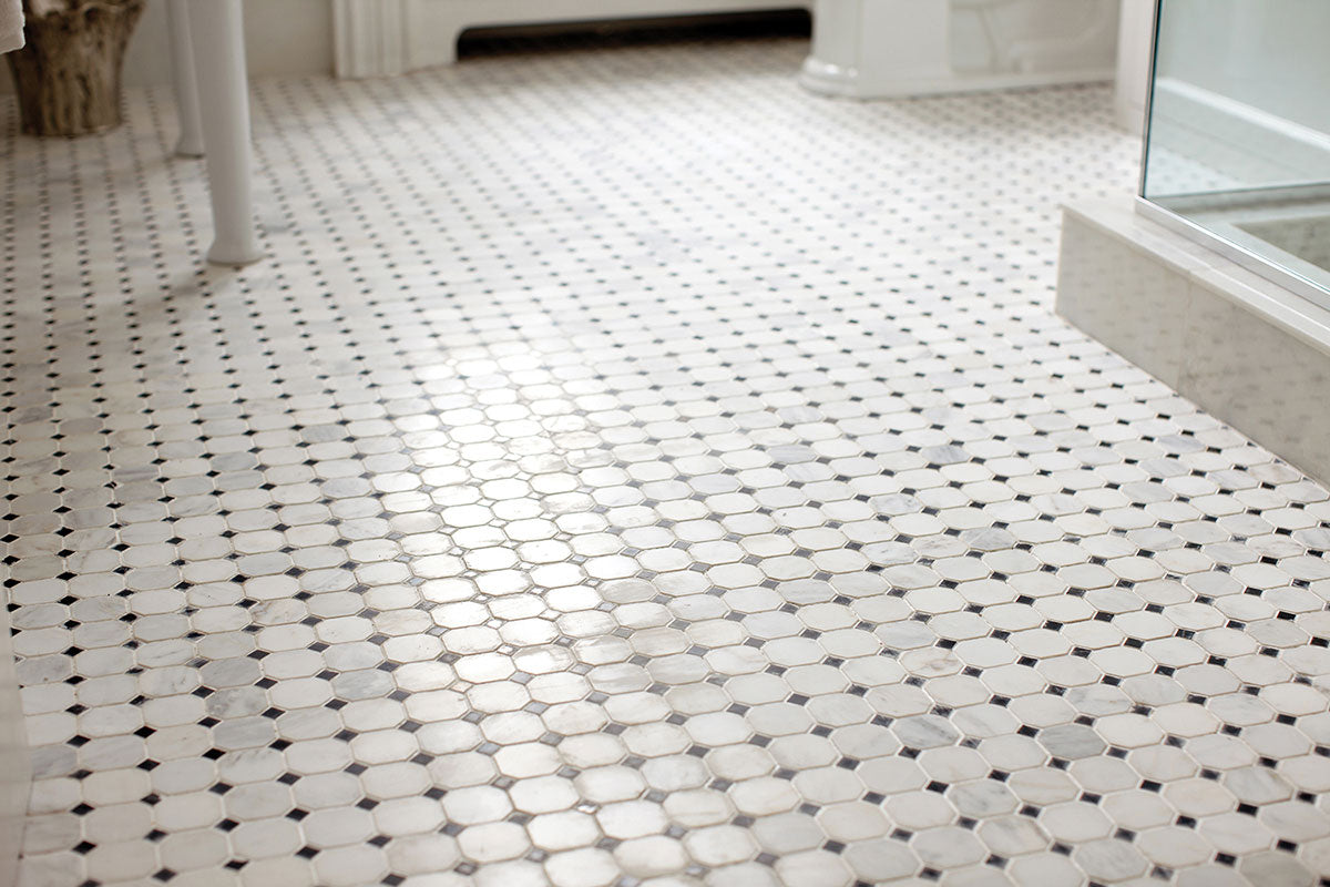 Greecian White 2" Octagon With Black 5/8x5/8 Polished In 12x12 Mesh Tile