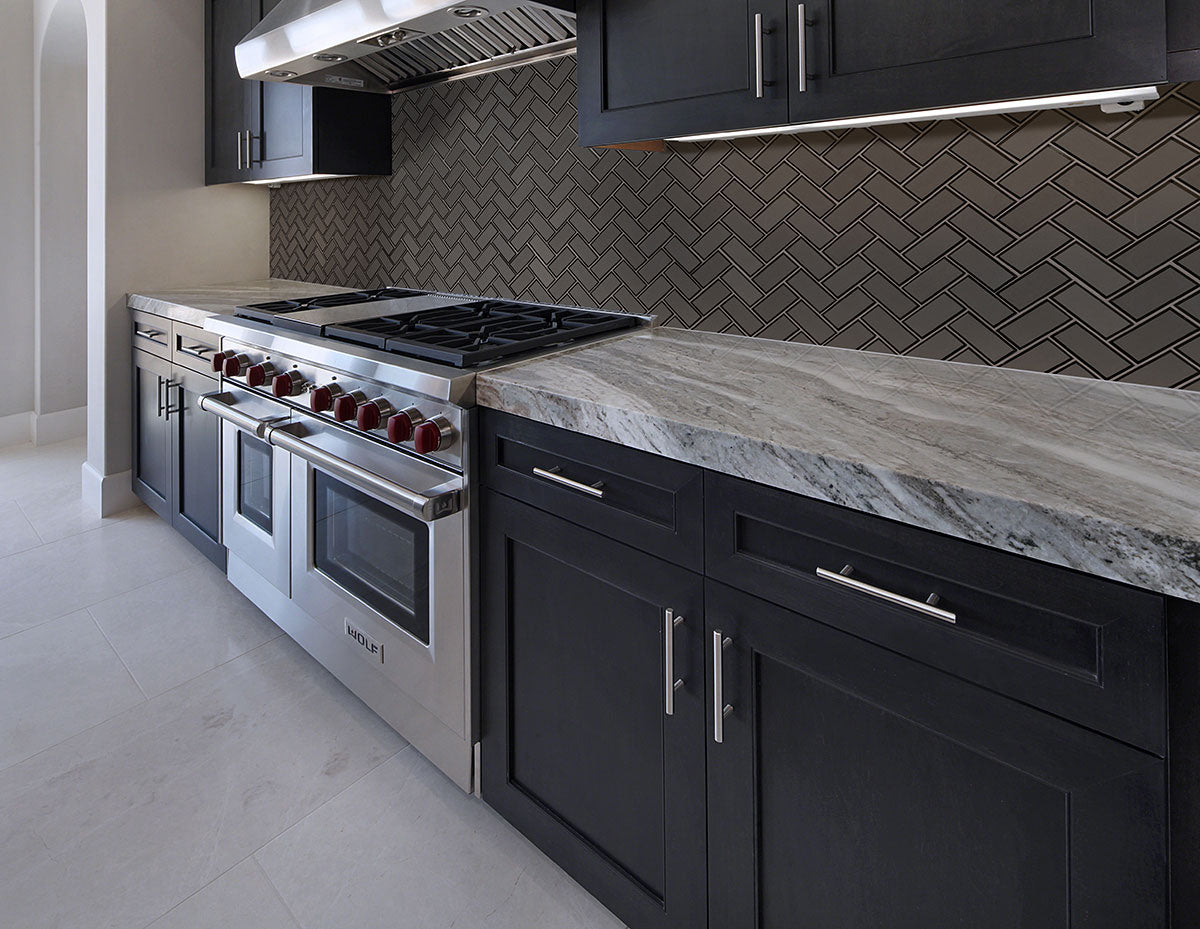 Metallic Gray Bevel Herringbone 8mm Tile