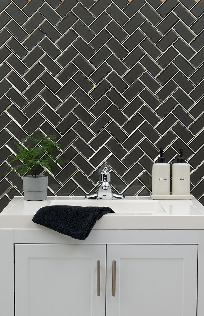 Metallic Gray Bevel Herringbone 8mm Tile